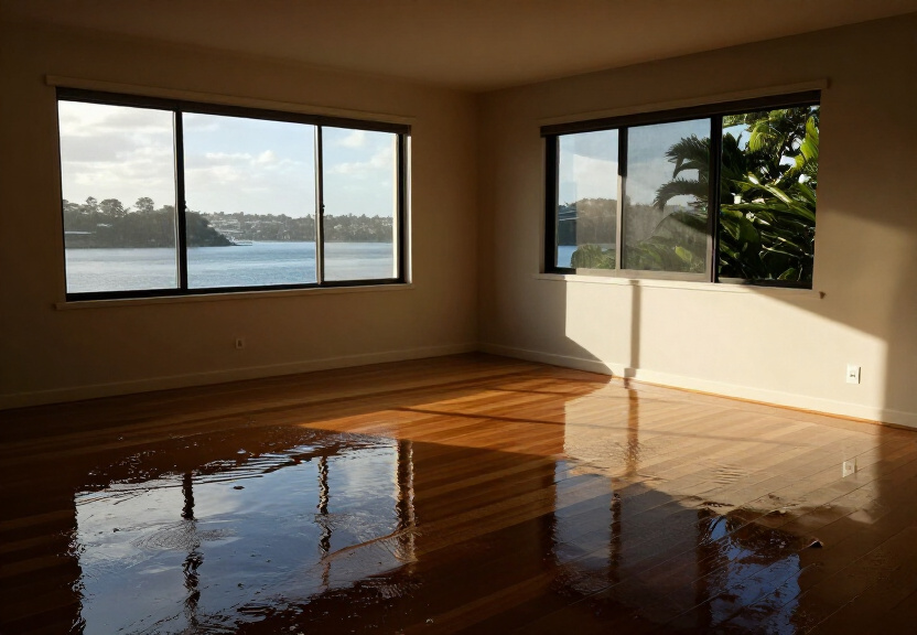 Flooded living room in Beaumont Hills before restoration